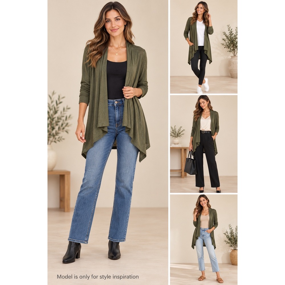 Liz Claiborne Studio Cardigan Womens M Olive Open Front Lightweight Knit Draped